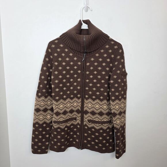 Athleta Sweaters - Athleta Brown Cream Fair Isle Teton Wool Blend Zip Up Sweater Jacket Size Medium